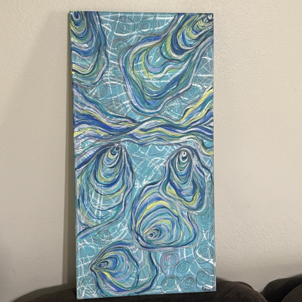 Abstract Modern Swirling Lines Blue Green Yellow Acrylic Painting Canvas 12x24"